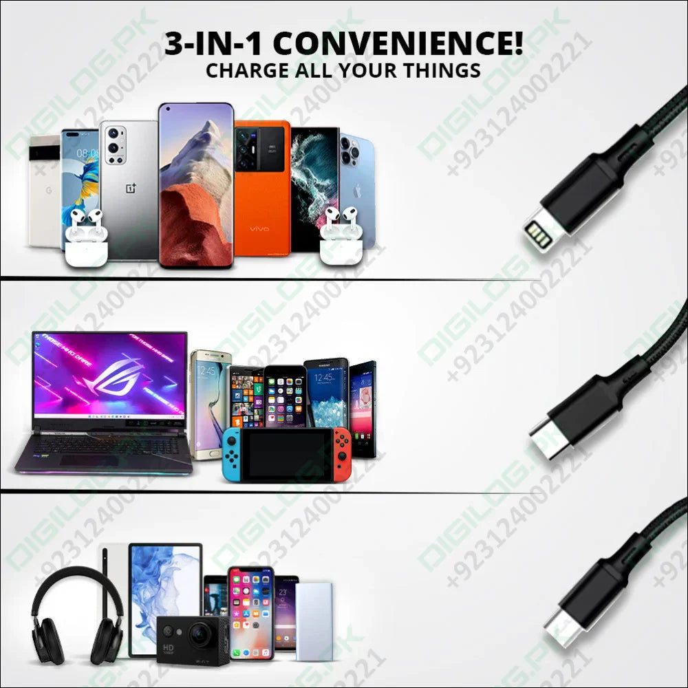 Buy Online WBM Smart 3-in-1 USB Metal-Braided Charging Cable In Pakistan