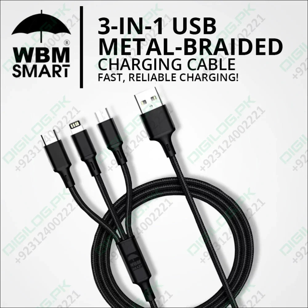 Buy Online WBM Smart 3-in-1 USB Metal-Braided Charging Cable In Pakistan